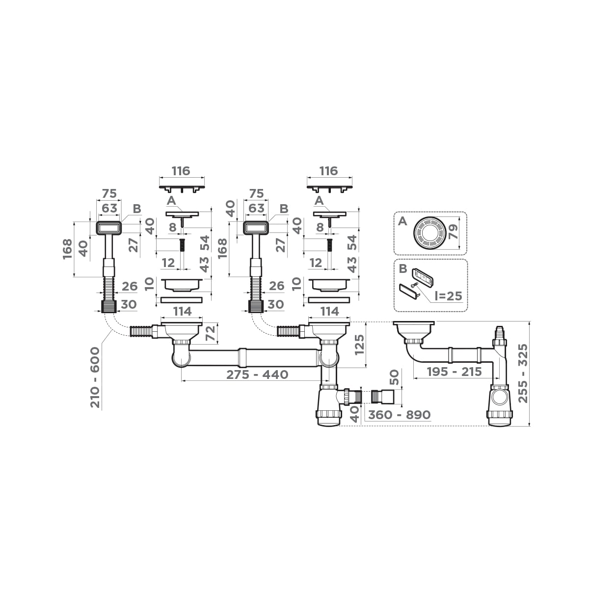 Арматура для двухчашевых кухонных моек Omoikiri WK-2C LG 4956497 с прямоугольными переливами и декоративными элементами для корзины, светлое золото