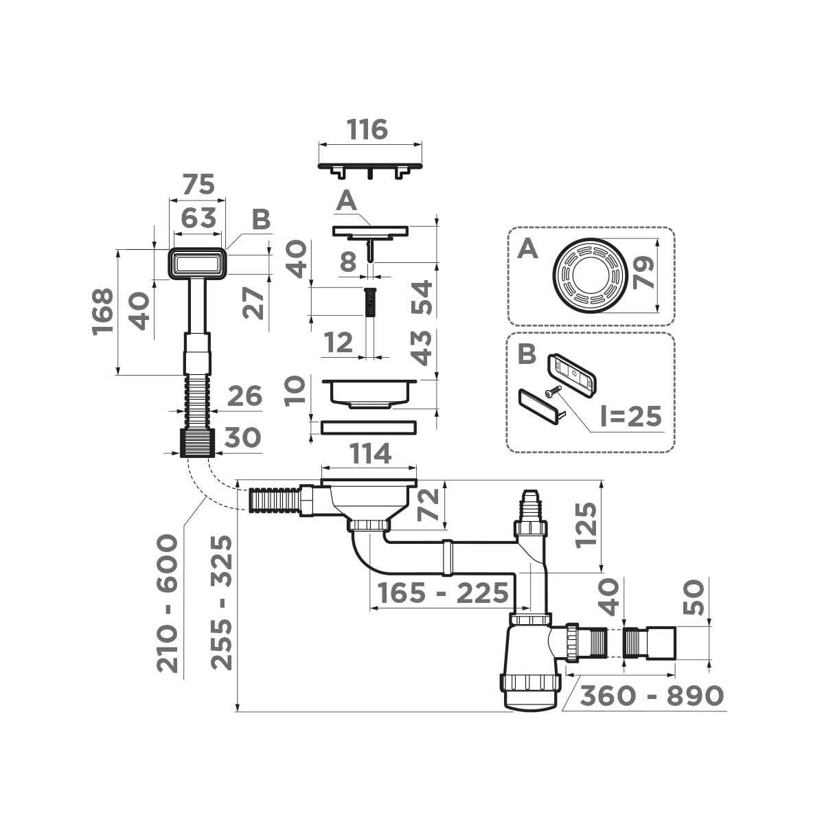 Арматура для одночашевых кухонных моек Omoikiri WK-1C GM 4956474 с прямоугольным переливом и декоративным элементом для корзины, вороненая сталь
