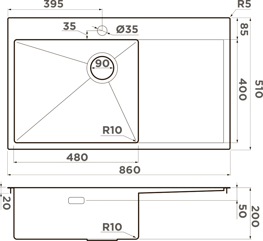 Мойка кухонная Omoikiri Akisame 86 Side L GB 4997043 из нержавеющей стали, графит