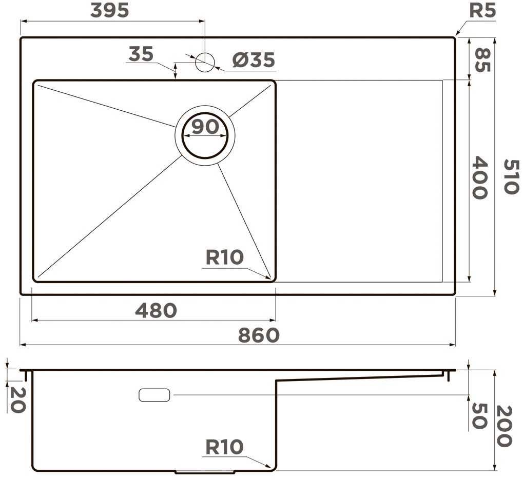 Мойка кухонная Omoikiri Akisame 86 Side L IN 4997031 из нержавеющей стали, нержавеющая сталь