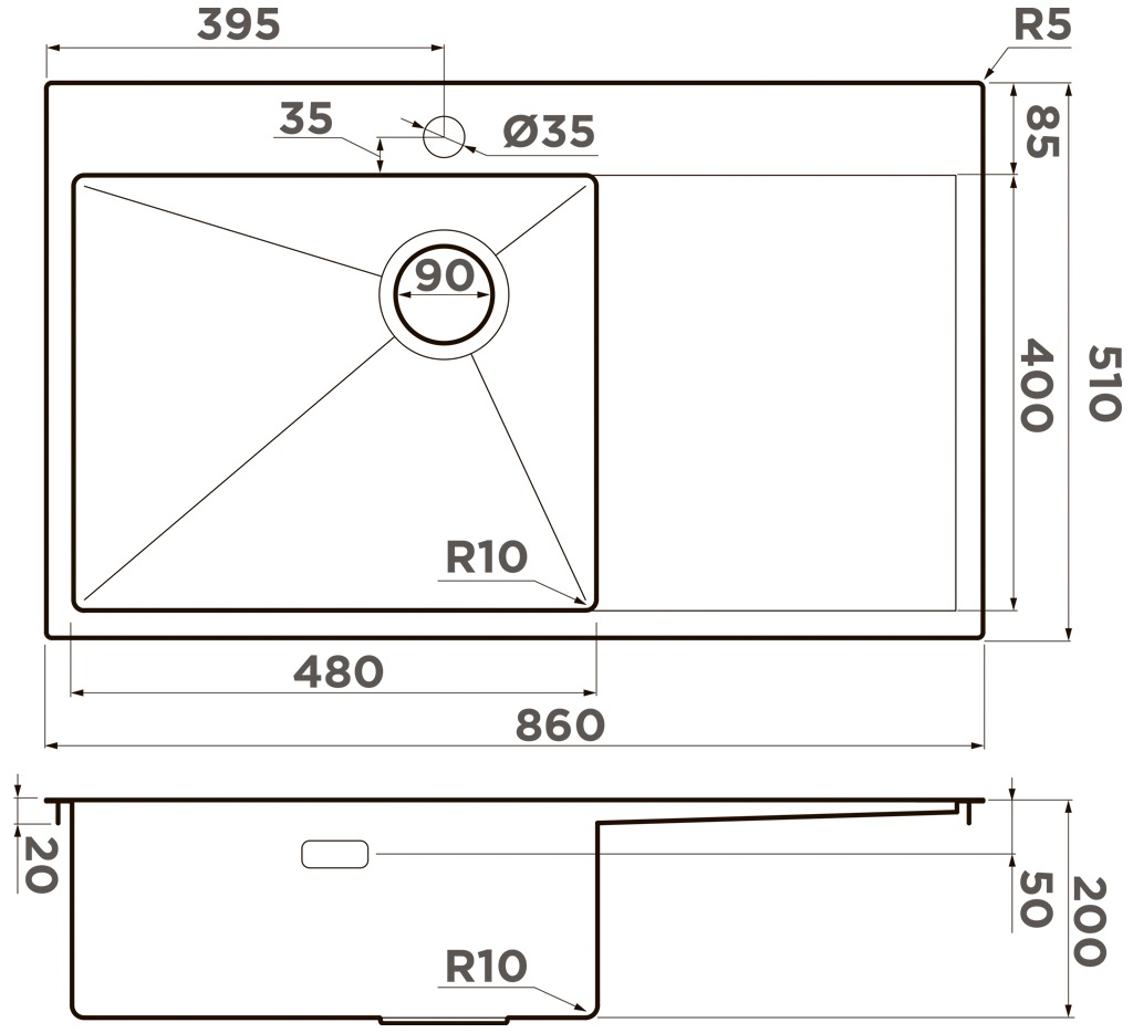 Мойка кухонная Omoikiri Akisame 86 Side L LG 4997045 из нержавеющей стали, светлое золото