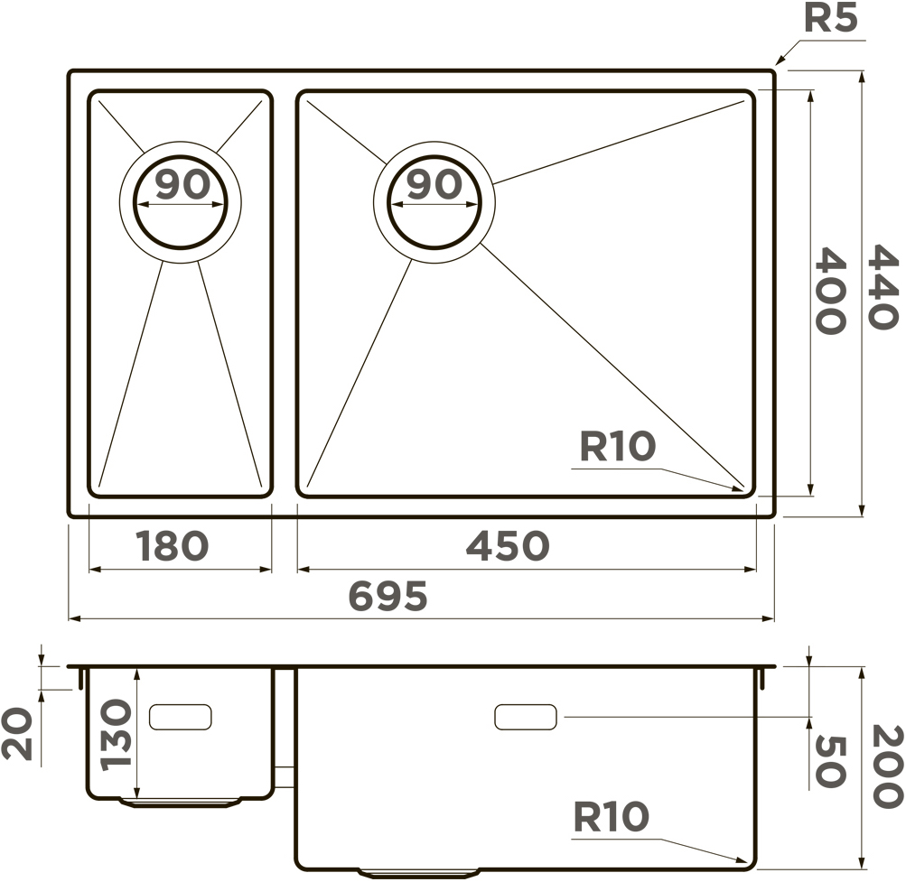 Мойка кухонная Omoikiri Taki 69-2-U/IF Side R GB 4993183 из нержавеющей стали, графит