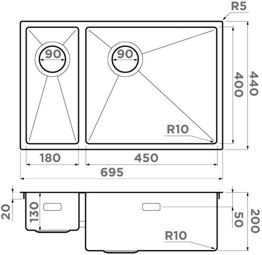 Мойка кухонная Omoikiri Taki 69-2-U/IF Side R IN 4993182 из нержавеющей стали, нержавеющая сталь
