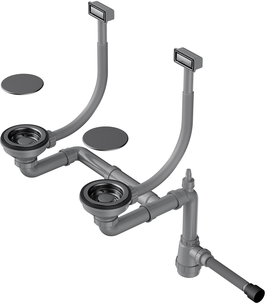 Арматура для двухчашевых кухонных моек Omoikiri WK-2C GM 4956498 с прямоугольными переливами и декоративными элементами для корзины, вороненая сталь