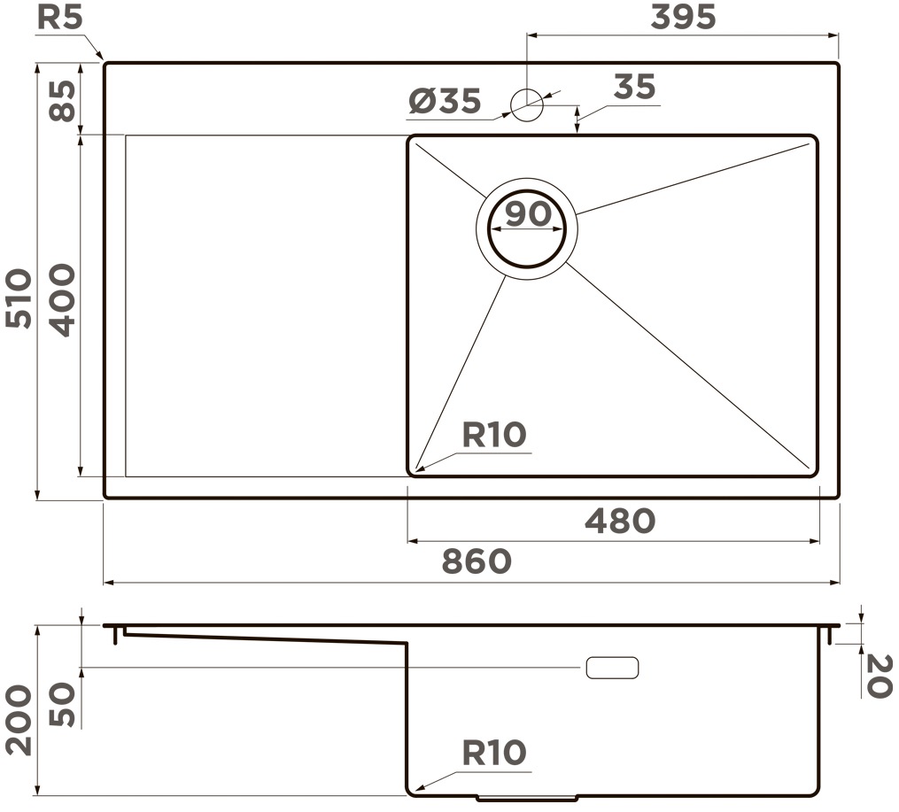 Мойка кухонная Omoikiri Akisame 86 Side R LG 4997046 из нержавеющей стали, светлое золото