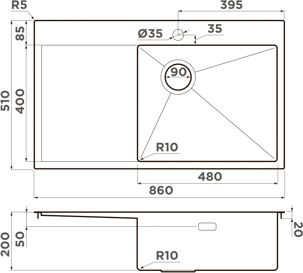 Мойка кухонная Omoikiri Akisame 86 Side R GB 4997044 из нержавеющей стали, графит