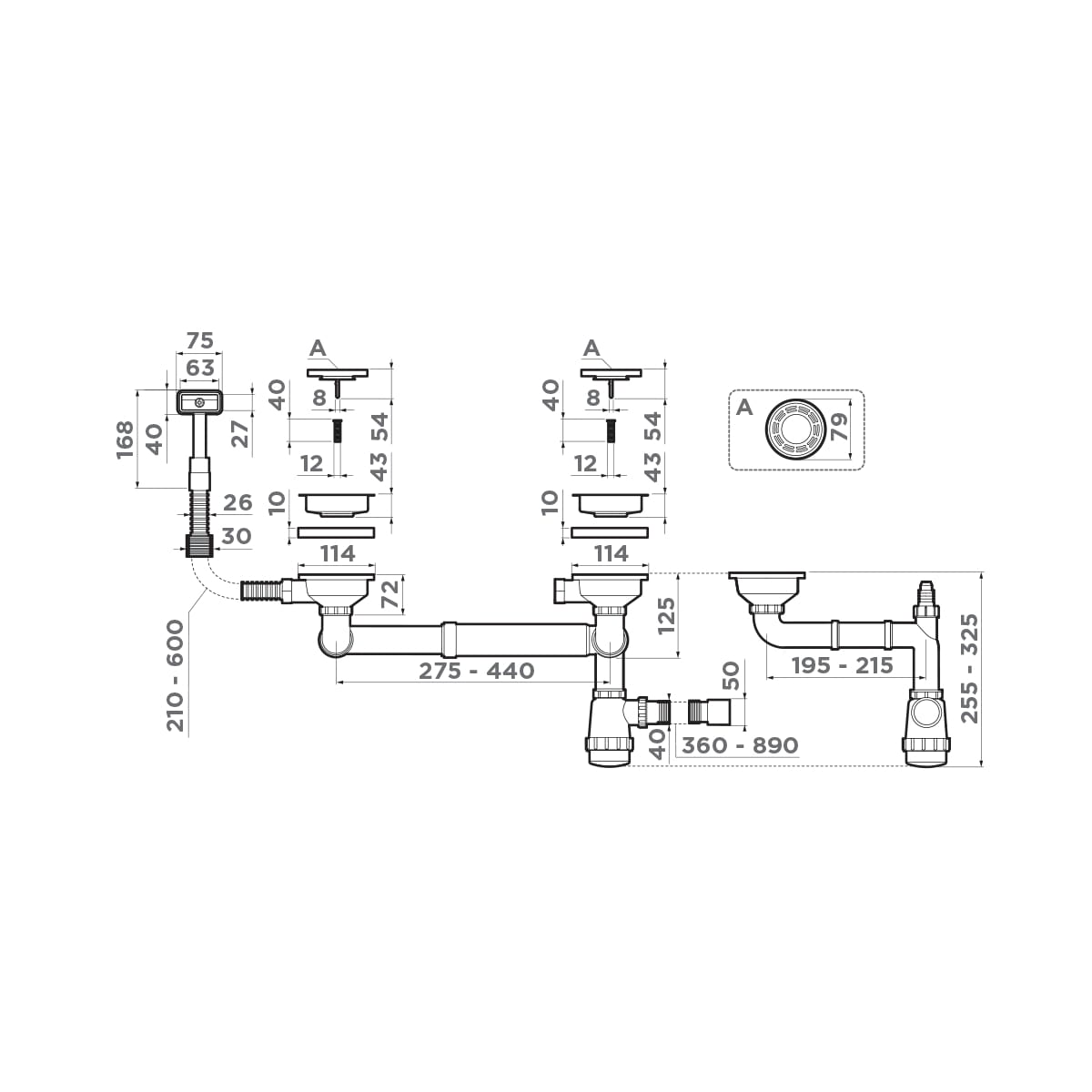 Арматура для полуторачашевых кухонных моек Omoikiri WK-1.5-S IN 4998039 со скрытым прямоугольным переливом, нержавеющая сталь